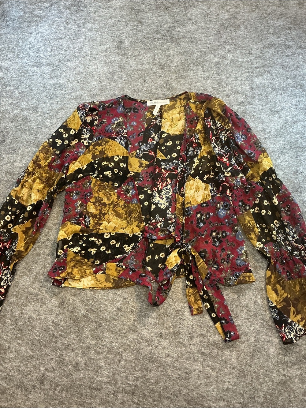 BCBG Bohemian Patchwork Floral Long Sleeve Tie Blouse Size XS